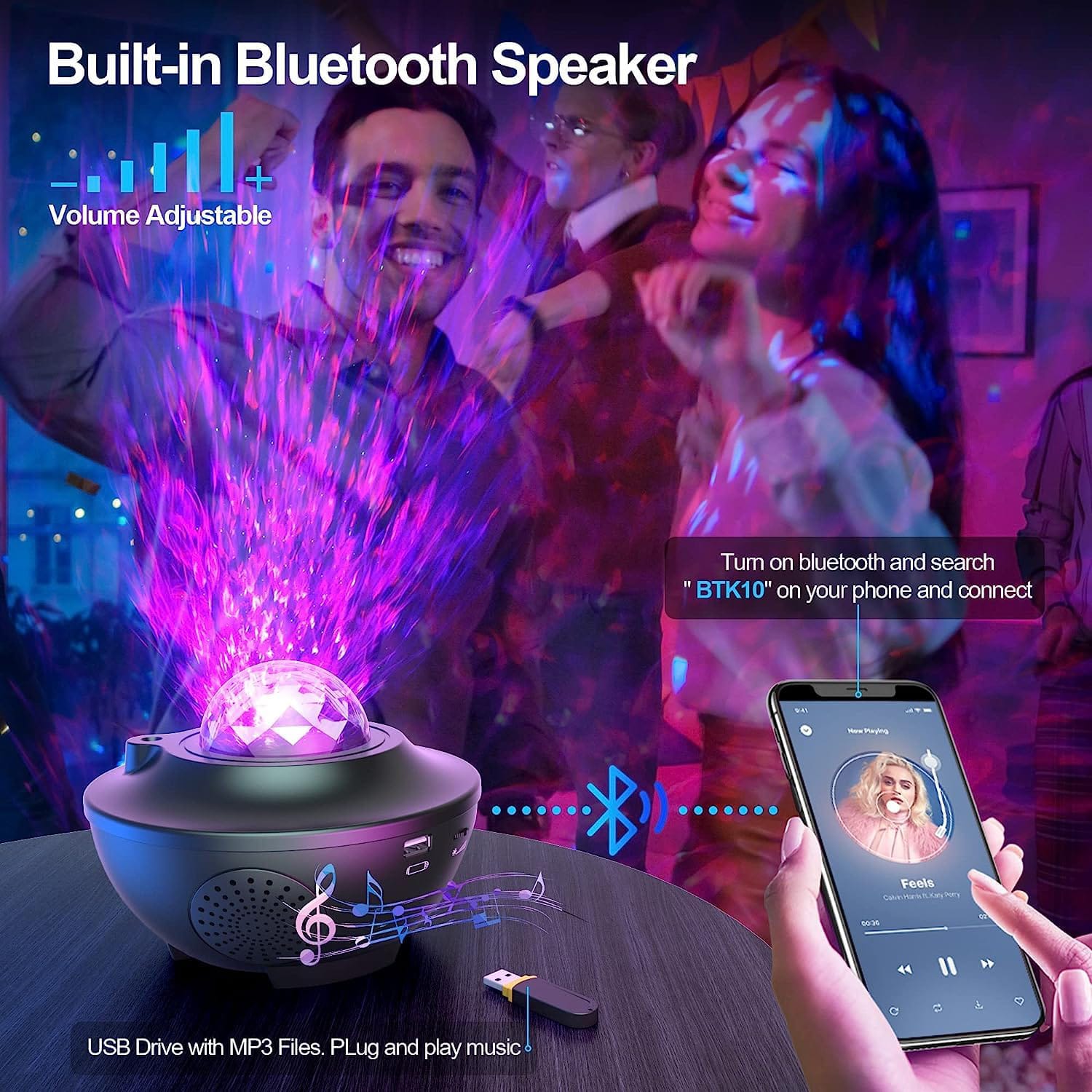 Wireless LED Projection Light Sound Control Auto Strobe Projector Lamp Bedroom Night Light (Black)