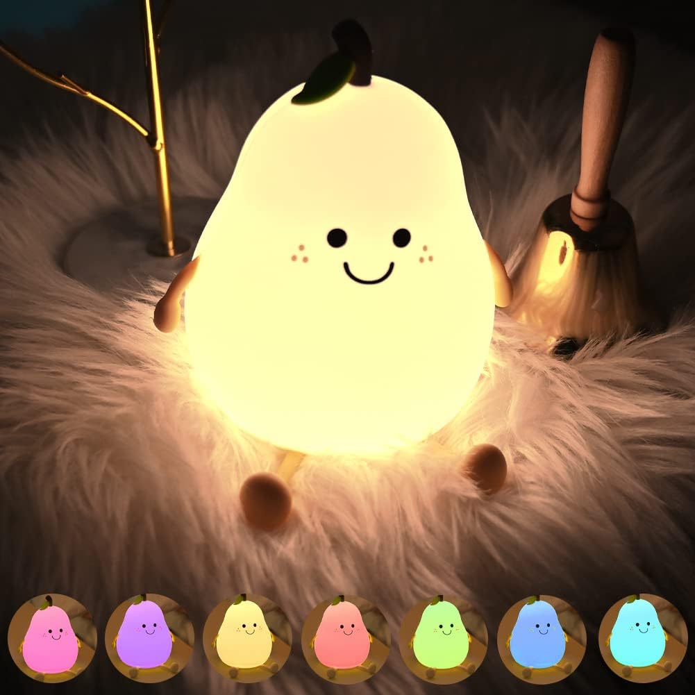 Cute Pear LED Night Light for Kids - 7 Color Silicone Lamp