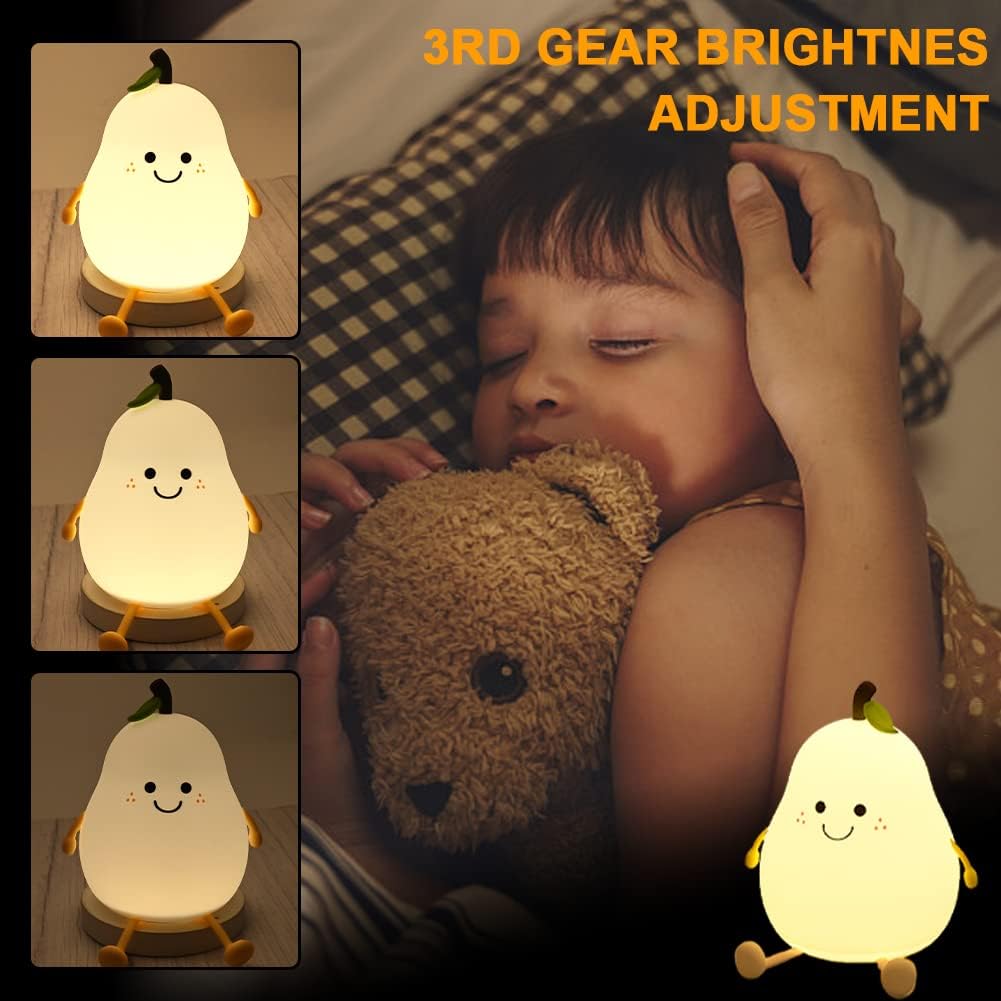 Cute Pear LED Night Light for Kids - 7 Color Silicone Lamp