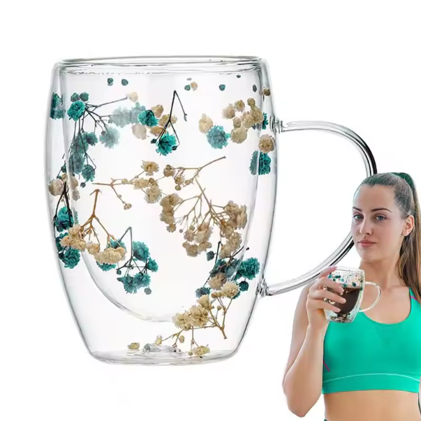 Floral Serenity Double Wall Mug – Real Flowers Elegant & Insulated